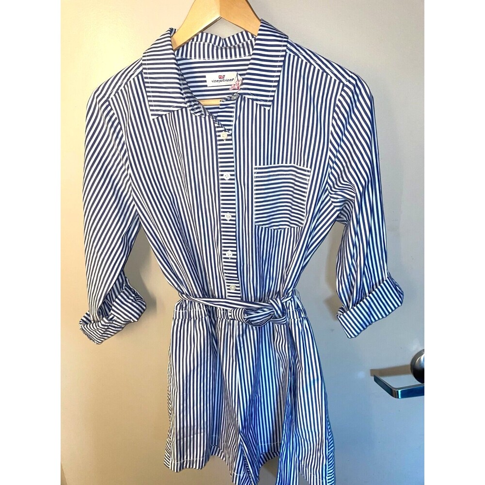 Vineyard Vines Sarah Blue Striped Romper Dress Sz 8 Roll-tab sleeves NWT ocean